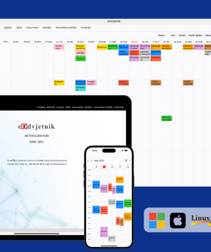 eOdvjetnik aplikacija prikazana na računalu, tabletu i mobitelu, uz ikone za Windows, macOS, Linux, Android i iOS