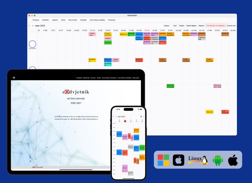 eOdvjetnik aplikacija prikazana na računalu, tabletu i mobitelu, uz ikone za Windows, macOS, Linux, Android i iOS