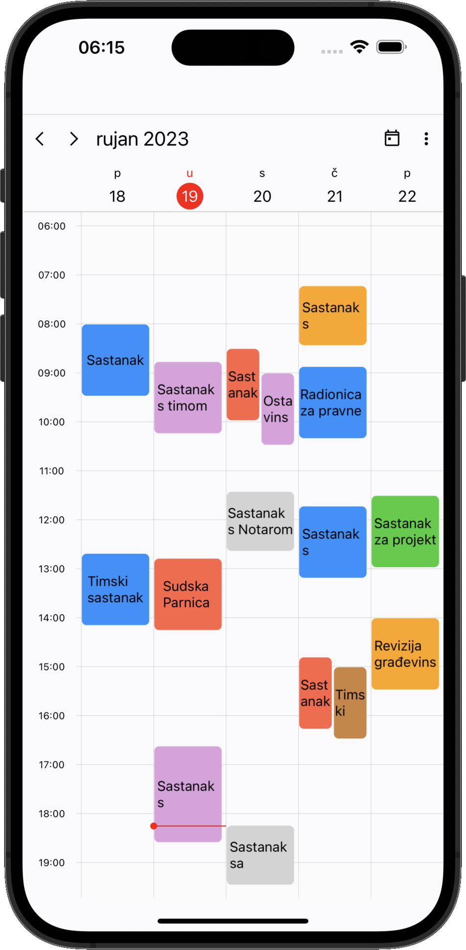 eOdvjetnik mobilni ročišnik - dnevni raspored s obojenim blokovima termina i satnicom