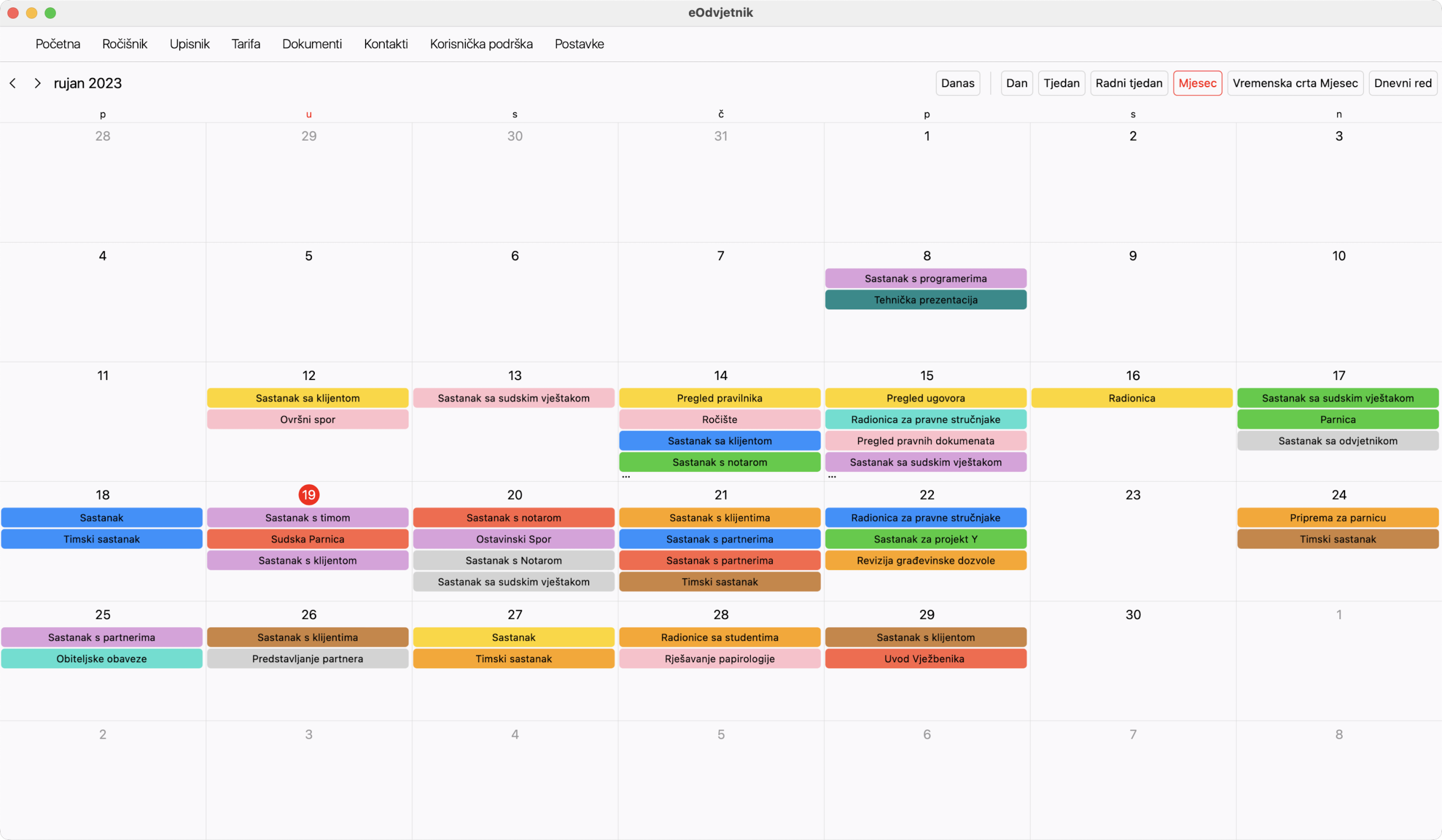eOdvjetnik ročišnik - mjesečni kalendarski pregled s obojenim događajima i filtrima prikaza (dan, tjedan, mjesec)