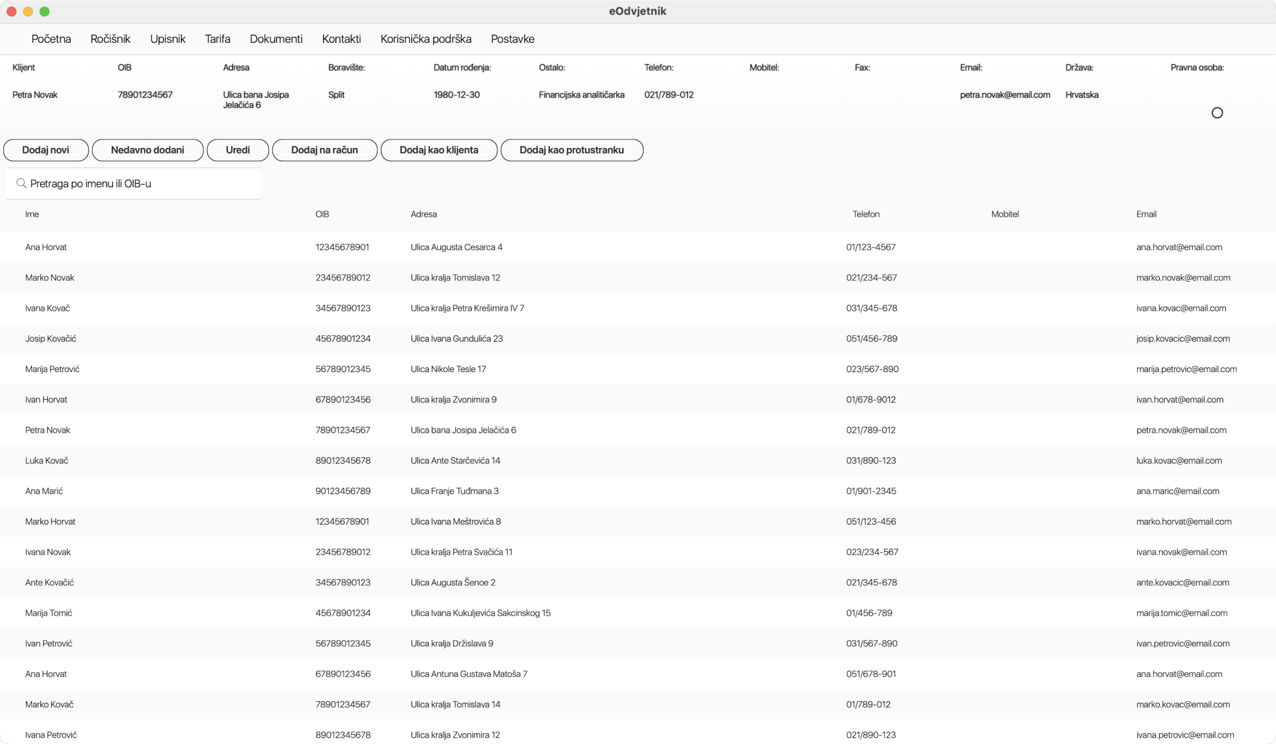 eOdvjetnik kontakti - tablični pregled kontakata s pretragom po imenu ili OIB-u i poljima telefon, mobitel i e-mail