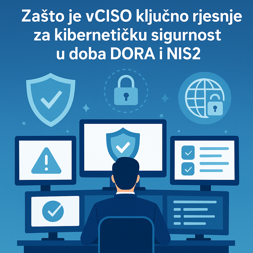 vCISO – rješenje za sigurnost u doba DORA i NIS2 ‣ Zadar ICT Virtualni CISO okružen sigurnosnim simbolima i ekranima u kontekstu DORA i NIS2 regulative