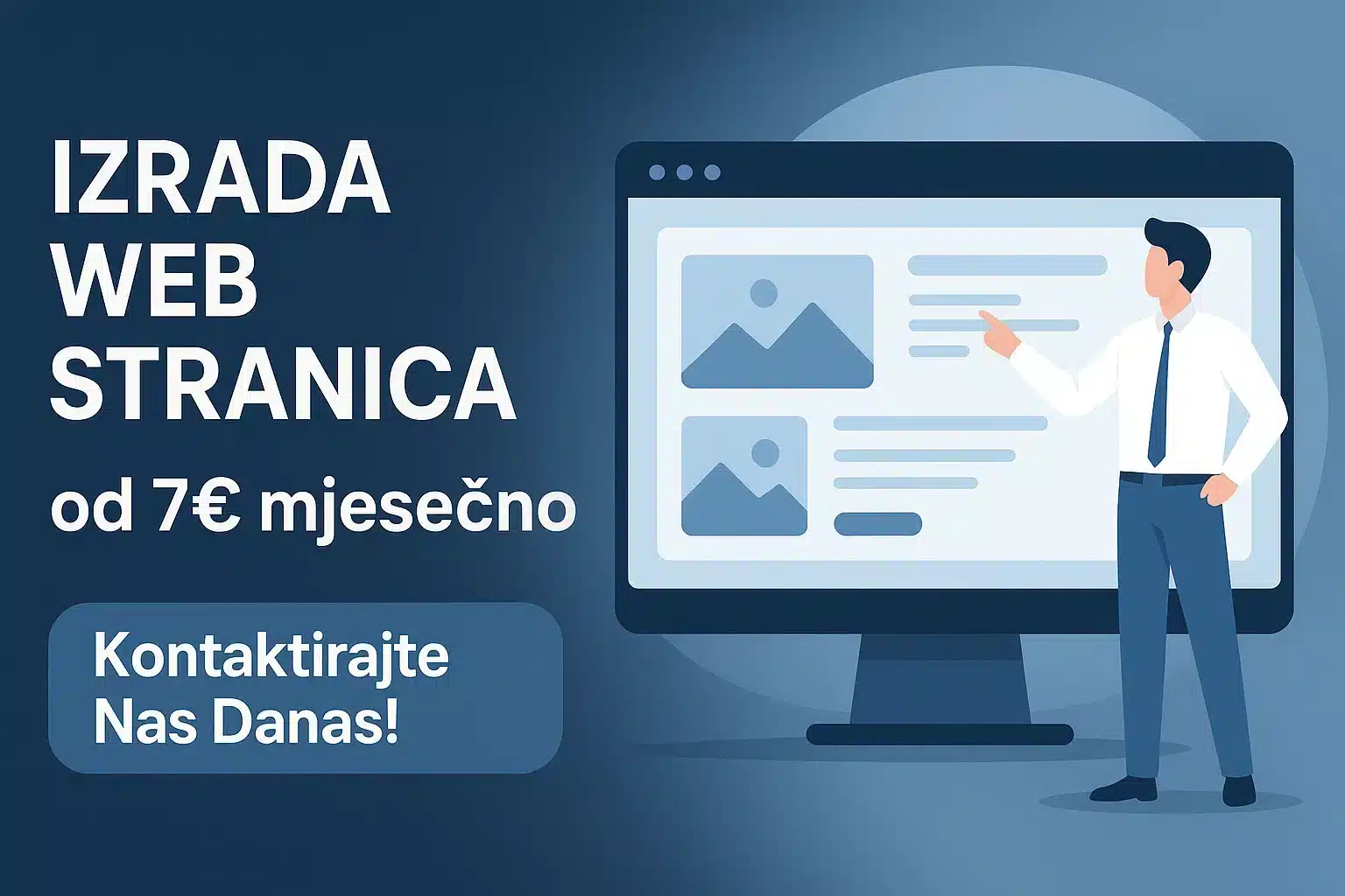 Ilustracija izrade web stranica s ponudom "7 € mjesečno", besplatnim održavanjem prve godine i pozivom na kontakt, prilagođena za uslugu iz Zadra.