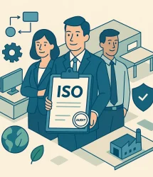 Menadžer drži ploču s natpisom “ISO audit” uz tim i ikone procesa