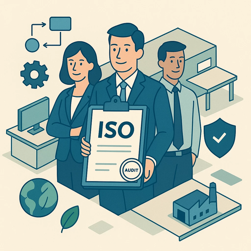 ISO audit – provjera sustava upravljanja ‣ Zadar ICT Menadžer drži ploču s natpisom “ISO audit” uz tim i ikone procesa