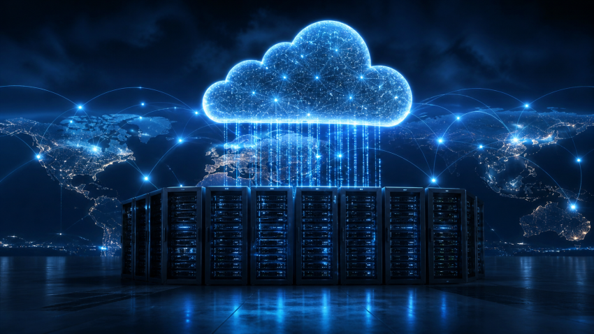 Hibridna cloud infrastruktura: svjetleći oblak iznad serverskih ormara s mrežnim vezama.