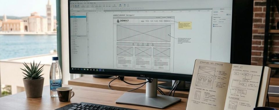 Radni stol s računalom i tehničkim planiranjem izrade web stranica